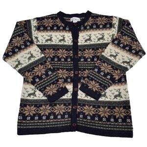 Croft and Barrow~Women VTG 90s Reindeer Fair Isles Cardigan~100% Wool~Nordic~MED